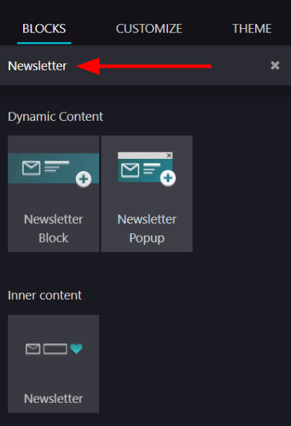 Вигляд того, як швидко шукати блоки розсилок у застосунку Odoo Website.