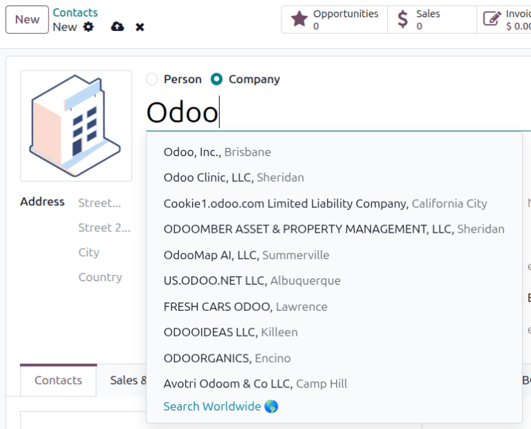 Створення нового контакту в Odoo з функцією автодоповнення партнера, яка пропонує можливі компанії.