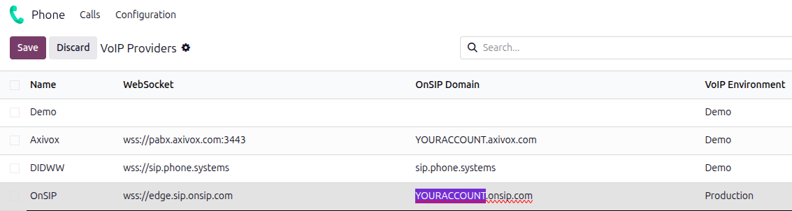 Налаштування конфігурації OnSIP у програмі *Odoo Phone*.