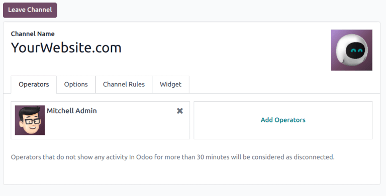 Вигляд форми каналу живого чату для Odoo Live Chat.