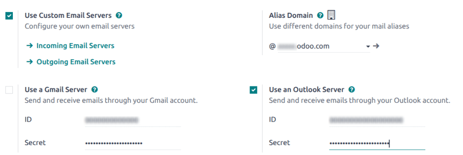 Облікові дані Outlook в загальних налаштуваннях Odoo.