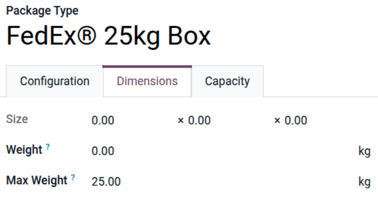 Dimensions tab for FedEx 25 kilogram box package type.