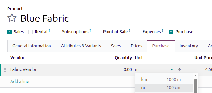 Specify a purchase unit of measure in the Purchase tab.