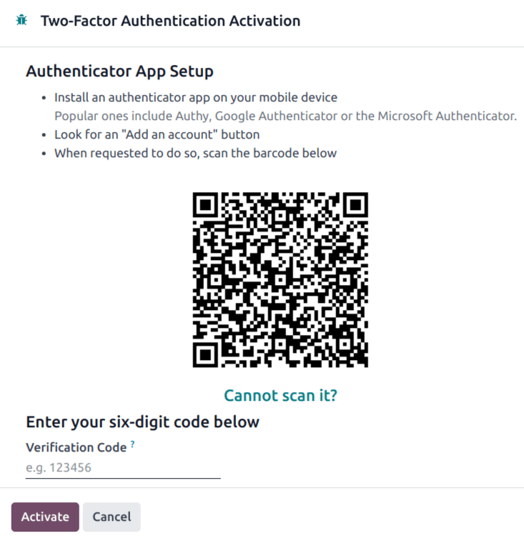 QR-код автентифікації 2fa в Odoo.