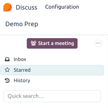Вигляд бічної панелі Discuss із виділеним рядком швидкого пошуку в Odoo Discuss.