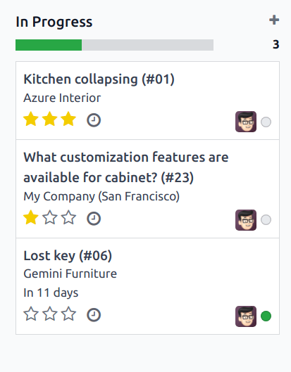Вигляд Kanban команди та пріоритетних завдань у Службі підтримки Odoo.