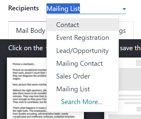 Вигляд спадного меню одержувачів у додатку Email Marketing Odoo.