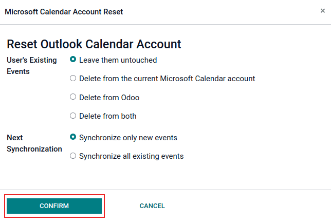Параметри скидання календаря Outlook в Odoo.