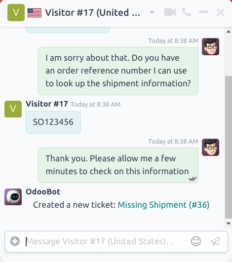 Вигляд вікна чату зі створеним тікетом служби підтримки в Odoo Live Chat.
