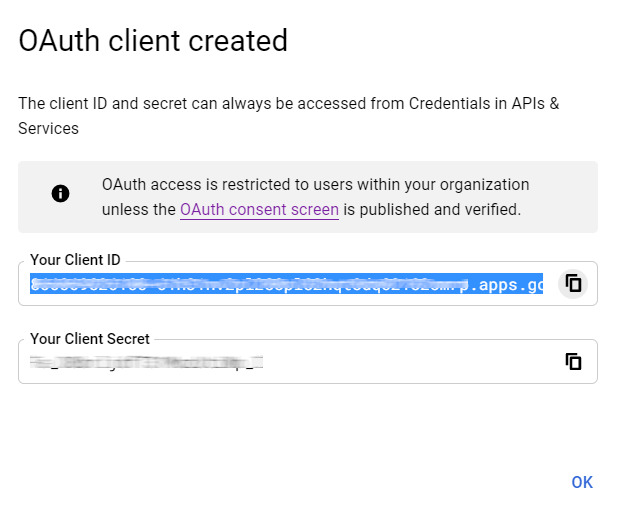 Згенерований Google OAuth Client ID.