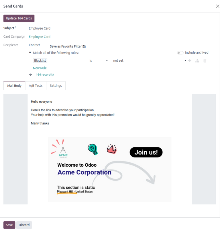 Вікно «Надіслати картки» під час надсилання поштових кампаній в Odoo Marketing Card.