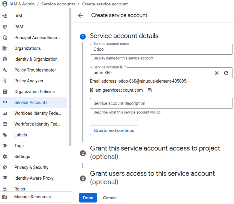 Створення облікового запису служби Google Cloud