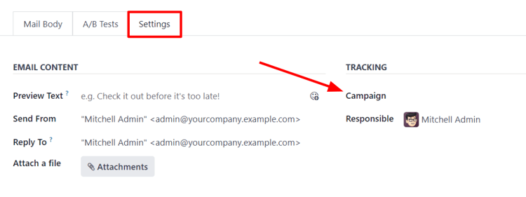 Вигляд вкладки налаштувань у Odoo Email Marketing, коли налаштування кампанії активовано.