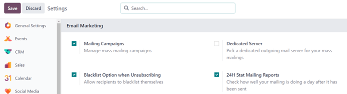 Перегляд сторінки "Налаштування" в застосунку Odoo Email Marketing.