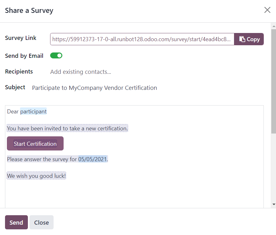 Спливаюче вікно «Поділитися опитуванням» в Odoo Surveys з увімкненим перемикачем «Надіслати електронною поштою».