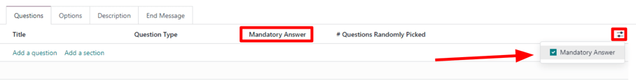 Спадне меню повзунка, що показує опцію Mandatory Answer в Odoo Surveys.