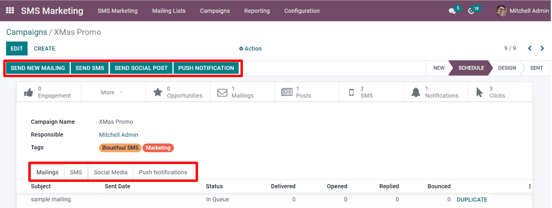 Вигляд шаблону SMS-кампанії в Odoo SMS marketing.