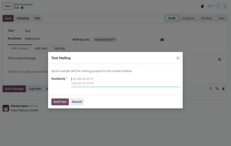 Вигляд SMS-тесту в Odoo SMS-маркетингу.