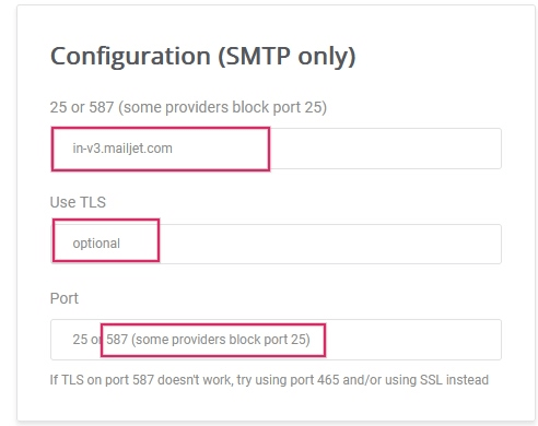 Конфігурація SMTP від Mailjet.