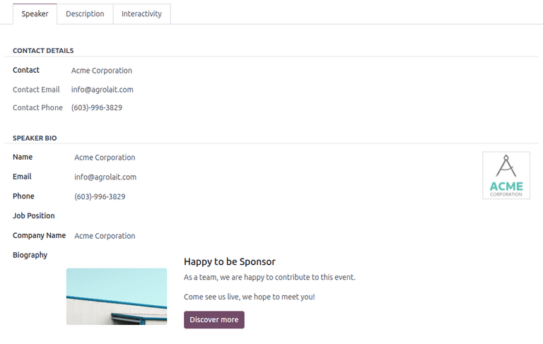 Вкладка "Спікер" у формі доповіді події у застосунку Odoo Events.