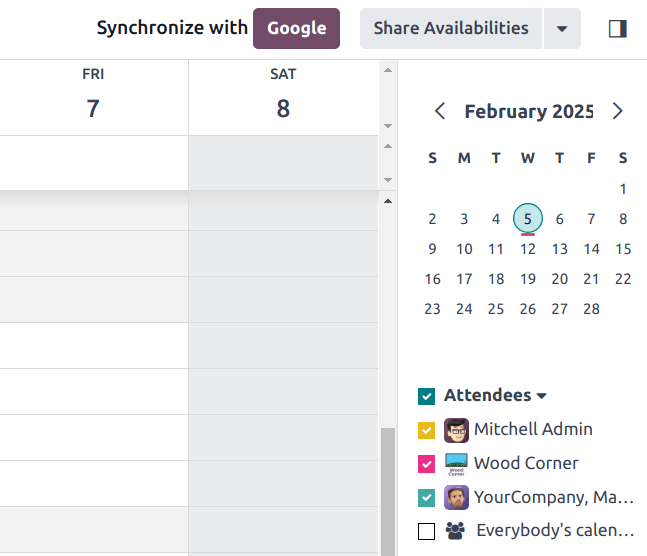 Натисніть кнопку синхронізації Google в Odoo Calendar, щоб синхронізувати Google Calendar з Odoo.