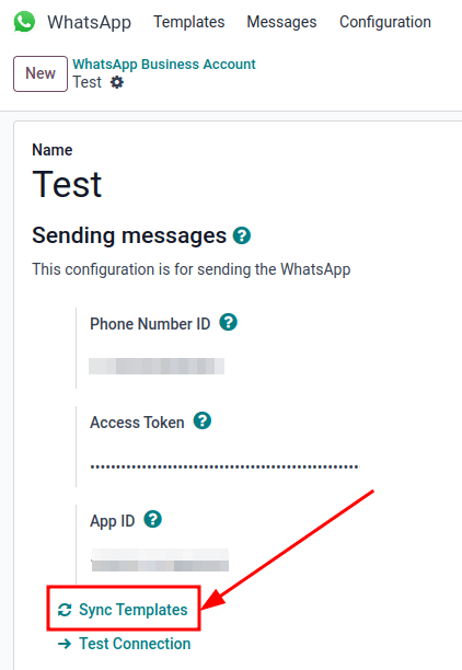 Синхронізація шаблонів Meta WhatsApp з базою даних Odoo, виділено «Синхронізувати шаблони».