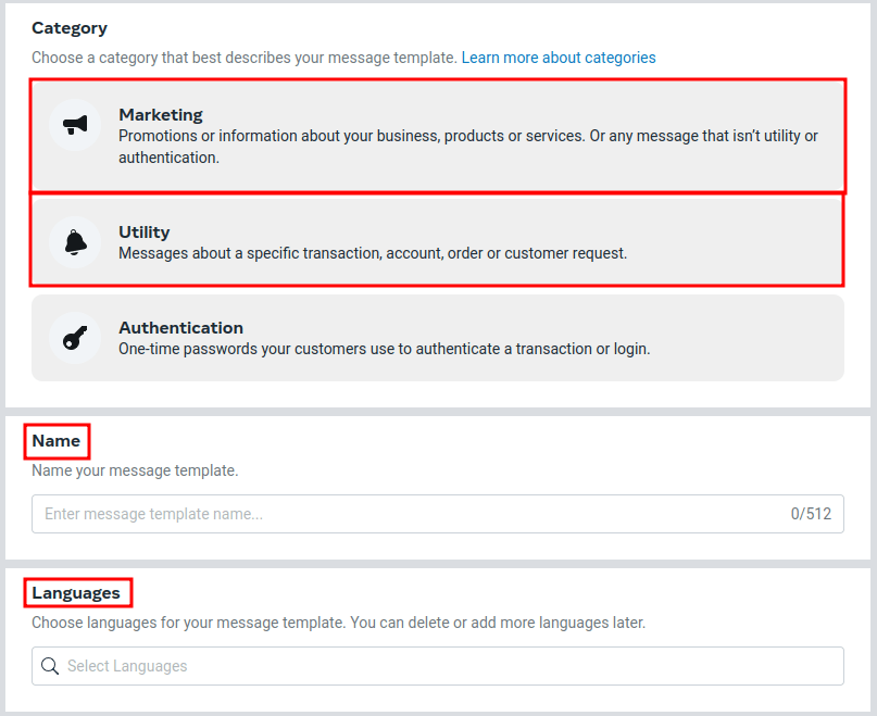 Перелічені параметри налаштування шаблону з виділеними Marketing, Utility, Name та Language.