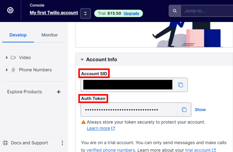 Twilio Account SID та Auth Token можна знайти в розділі Account Info.
