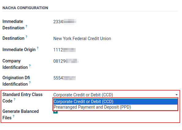 Налаштування NACHA з виділеним спадним меню стандартного коду класу запису.