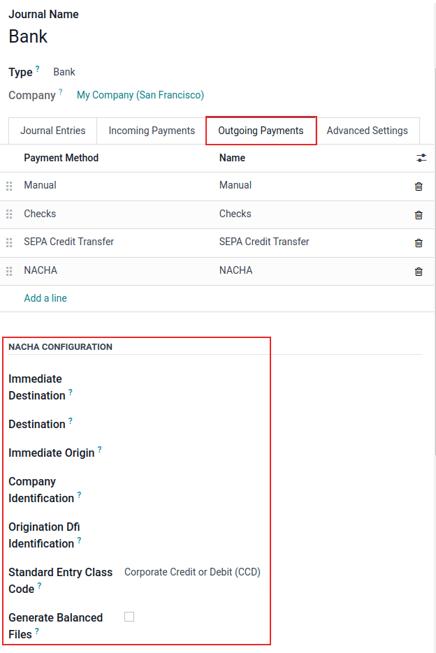 Налаштування конфігурації NACHA (National Automated Clearing House Association) в Odoo.