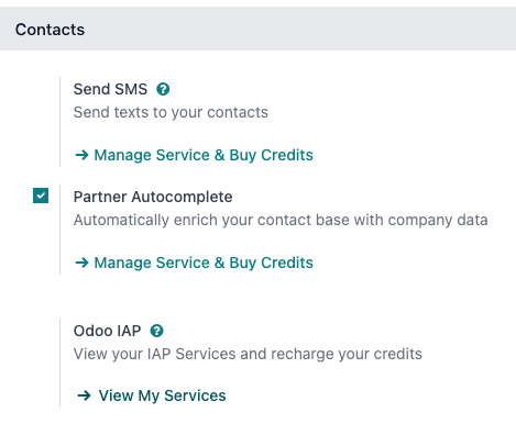 Додаток Settings із заголовком Odoo IAP та кнопкою View My Services.