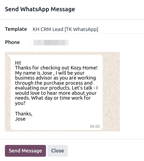 Спливаюче вікно надсилання повідомлення WhatsApp.