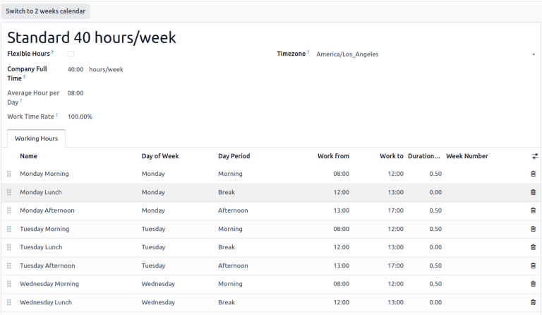 Форма робочого часу для Standard 40 hours/week.