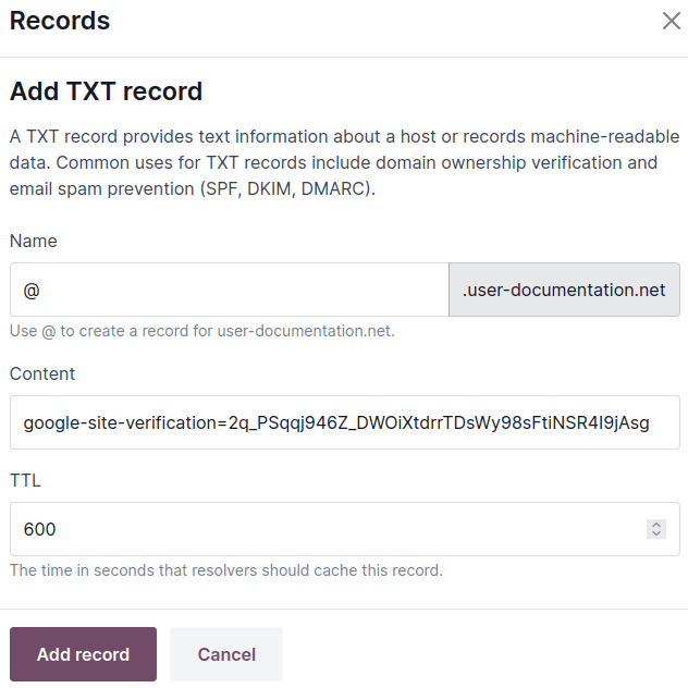 Створення TXT-запису для перевірки володіння доменним ім'ям